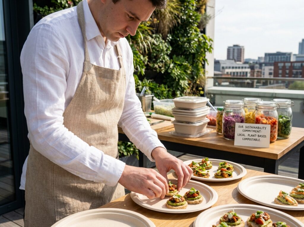 Personnel de traiteur disposant des canapés végétaux sur des plateaux compostables lors d'un cocktail d'entreprise écoresponsable en terrasse