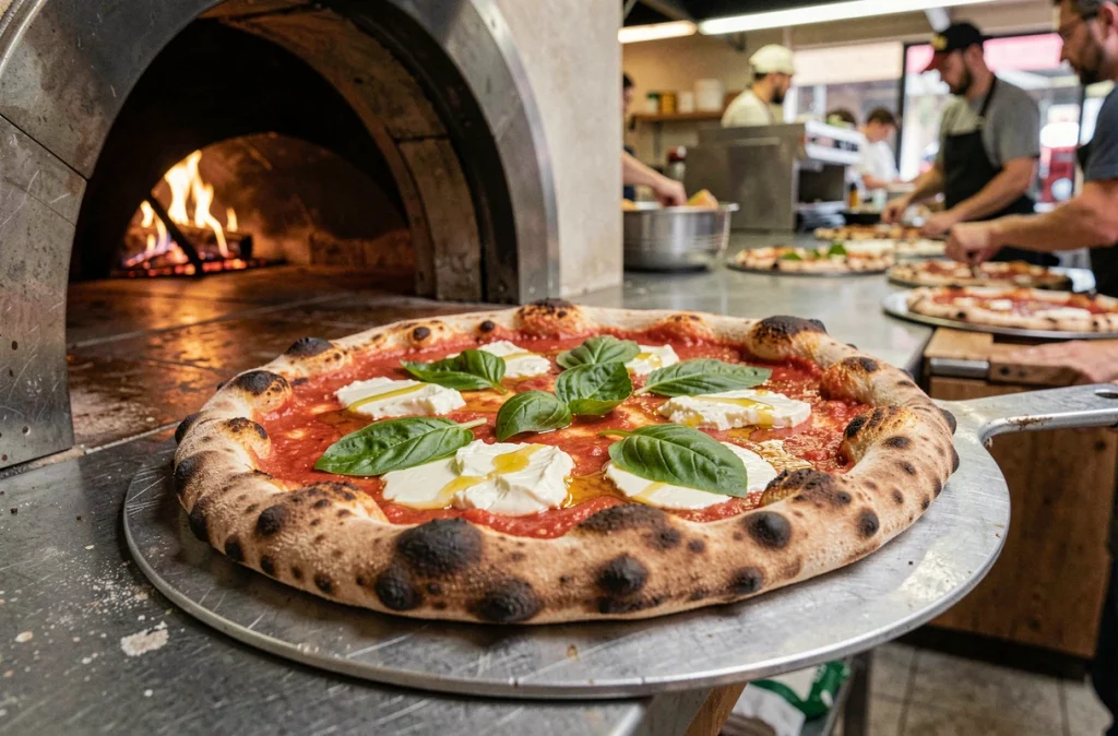 Pizza napolitaine fraîchement sortie du four à bois avec mozzarella et basilic frais à la pizzeria Viva Italian Pizza à Lille