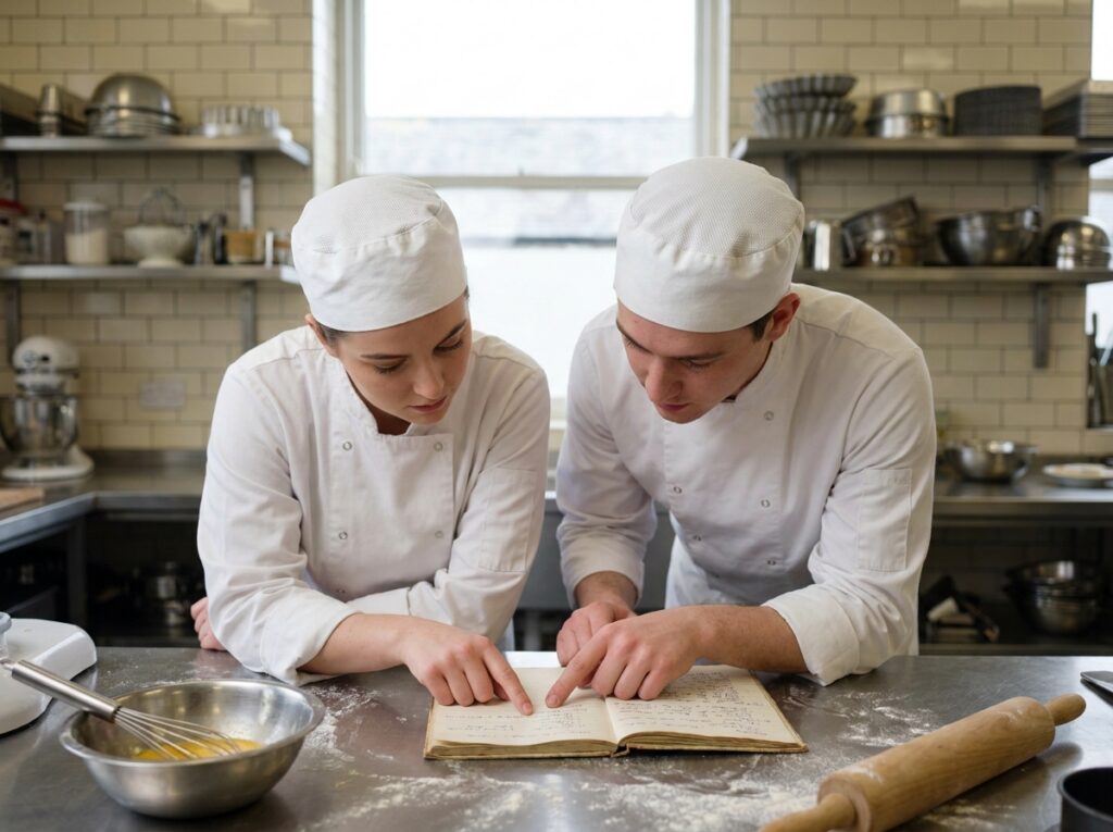 Deux apprentis en CAP cuisine consultant un carnet de recettes dans un laboratoire de pâtisserie de centre de formation avec plan de travail fariné