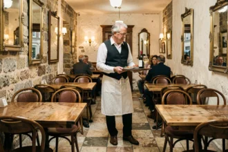 Intérieur authentique d'un bistrot traditionnel des Pays de la Loire avec serveur en tablier blanc et décor en pierre apparente