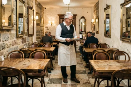 Intérieur authentique d'un bistrot traditionnel des Pays de la Loire avec serveur en tablier blanc et décor en pierre apparente