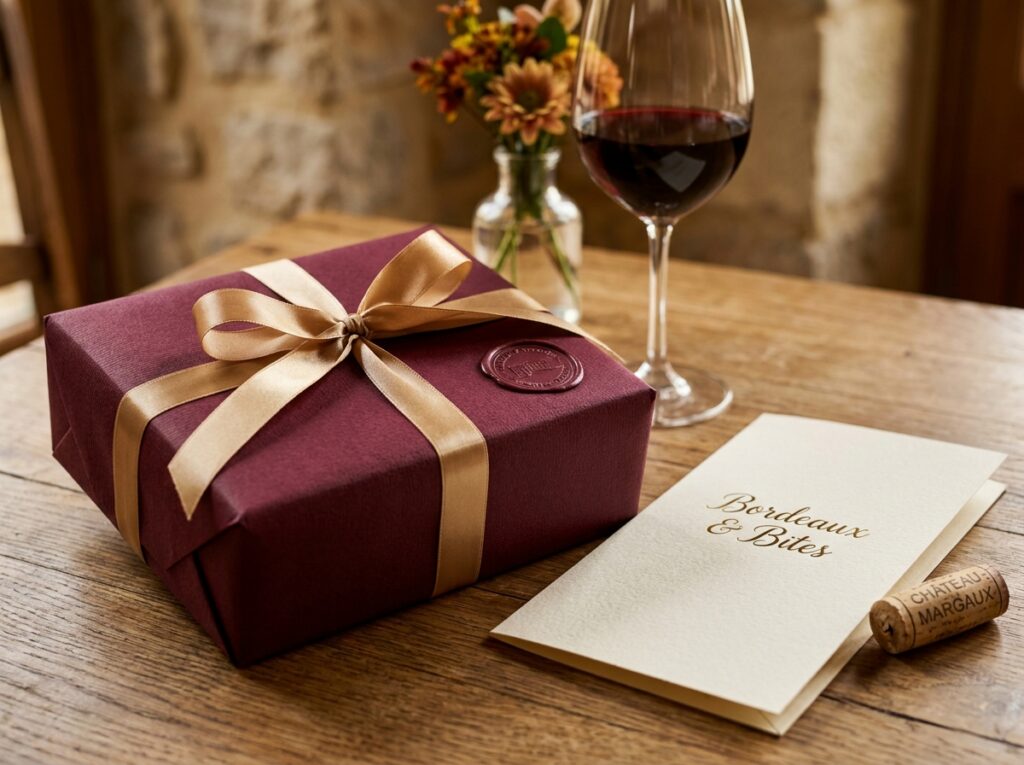 Coffret cadeau élégant pour offrir une expérience gastronomique dans un restaurant de Bordeaux, avec menu et liège de vin