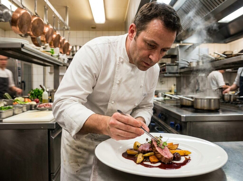 Chef cuisinier bordelais dressant avec soin une assiette gastronomique de canard au vin dans une cuisine professionnelle