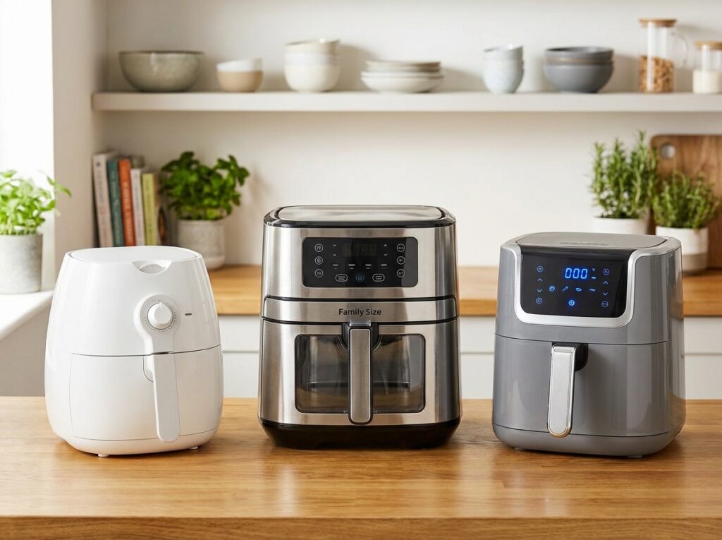 Comparaison de trois modèles d'air fryer de tailles et capacités différentes sur un plan en bois