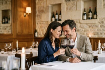 Couple souriant portant un toast au vin rouge dans un restaurant gastronomique de Bordeaux à l'ambiance chaleureuse et raffinée