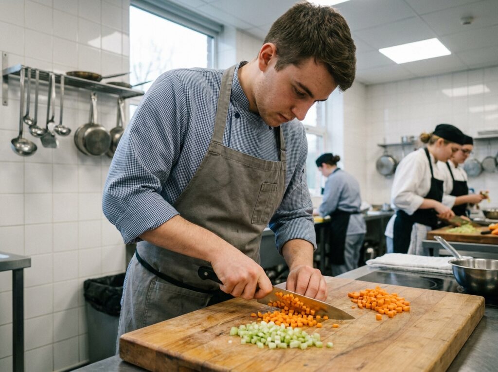 Étudiant en CAP cuisine pratiquant la taille de légumes au couteau sur un billot en bois dans une salle de formation culinaire professionnelle