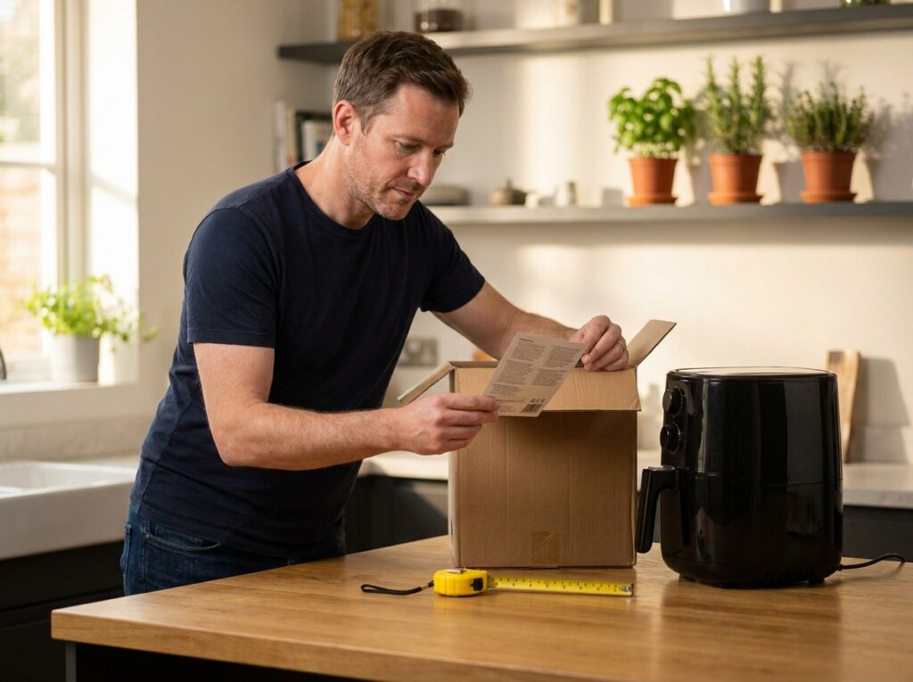 Homme lisant les caractéristiques techniques d'un air fryer avant l'achat dans une cuisine contemporaine
