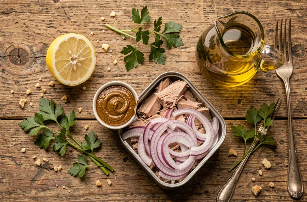 Vue de dessus d'ingrédients disposés sur une table en bois pour préparer une recette à base de thon en boîte, avec citron, moutarde, persil et oignons rouges