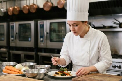 Jeune femme en veste de chef blanc qui dresse une assiette dans une cuisine professionnelle de lycée hôtelier, illustrant la formation CAP cuisine
