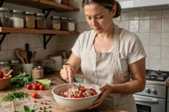 Femme préparant une recette avec une boîte de thon dans une cuisine rustique, mélangeant du thon en conserve avec des tomates cerises et des câpres dans un bol en céramique