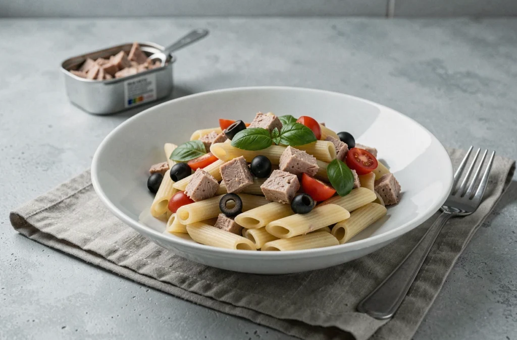 Salade de pâtes au thon en boîte avec olives, tomates cerises et basilic frais servie dans un bol blanc sur une surface en béton gris