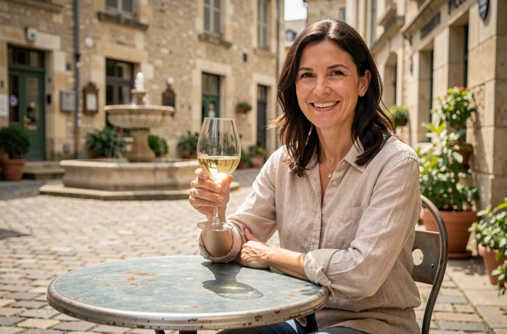 Terrasse ensoleillée d'un bistrot en Pays de la Loire avec une femme dégustant un verre de Muscadet sur une place pavée